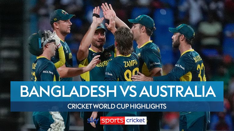 Highlights as Australia kicks off their T20 World Cup Super 8s campaign win with a rain-affected 28-run win (DLS) over Bangladesh. 