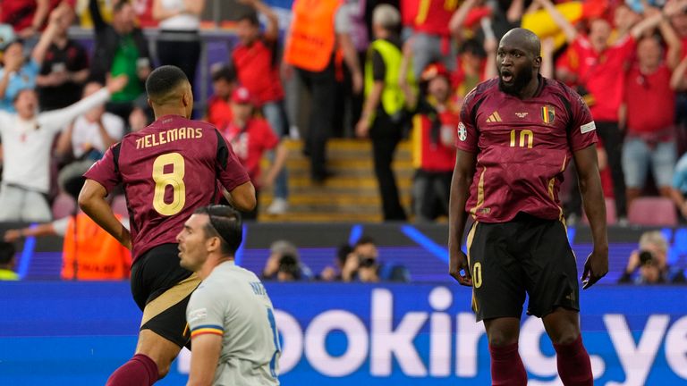Belgium's Youri Tielemans is congratulated by Romelu Lukaku after scoring