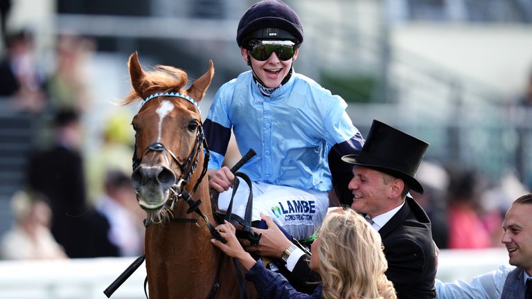 Billy Loughnane celebrates after winning the Sandringham Stakes aboard Soprano on day four of Royal Ascot 