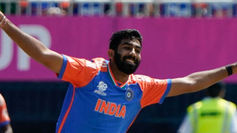India's Jasprit Bumrah celebrates after taking a wicket during the ICC men's Twenty20 World Cup 2024 group A cricket match between India and Pakistan at Nassau County International Cricket Stadium in East Meadow, New York on June 9, 2024. (Photo by TIMOTHY A. CLARY / AFP)