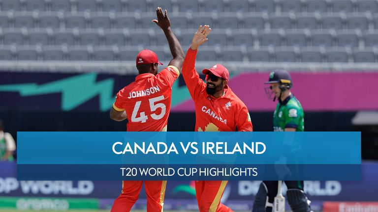 Canada's Navneet Dhaliwal, right, and Aaron Johnson celebrate their victory by 12 runs over Ireland at an ICC Men's T20 World Cup cricket match at the Nassau County International Cricket Stadium in Westbury, New York, Friday, June 7, 2024. (AP Photo/Adam Hunger)