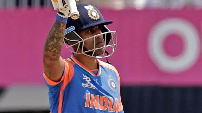 India's Suryakumar Yadav celebrates scoring fifty against Afghanistan