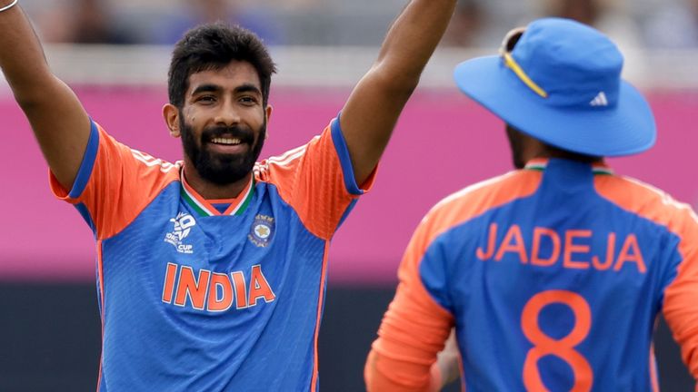 India's Jasprit Bumrah celebrates after taking the wicket of Ireland's Harry Tector
