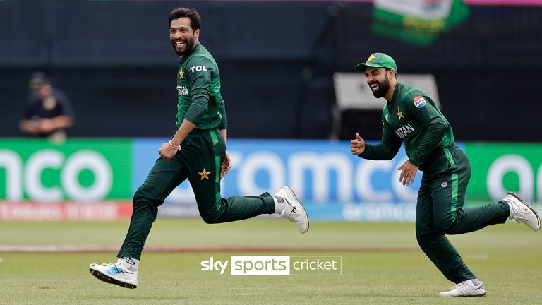 Mohammad Amir took the wickets of Rishabh Pant and Ravindra Jadeja as India fell to 96-7 in their T20 World Cup clash with Pakistan.