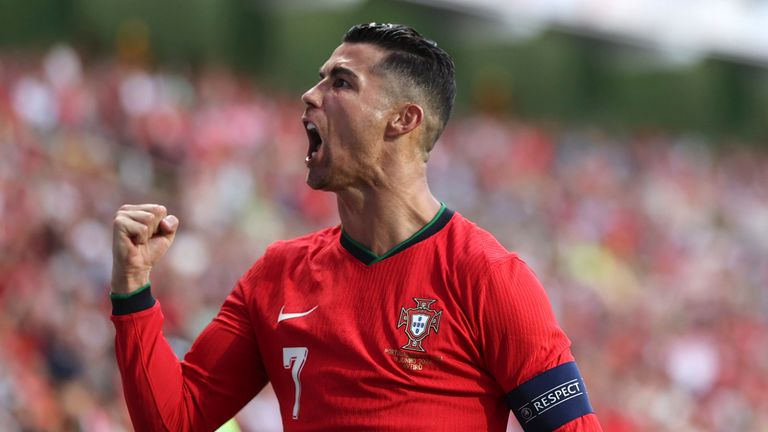 Portugal&#39;s Cristiano Ronaldo celebrates after scoring against Ireland during a friendly soccer match between Portugal and Ireland at the Aveiro Municipal stadium in Aveiro, Portugal, Tuesday, June 11, 2024. (AP Photo/Luis Vieira)