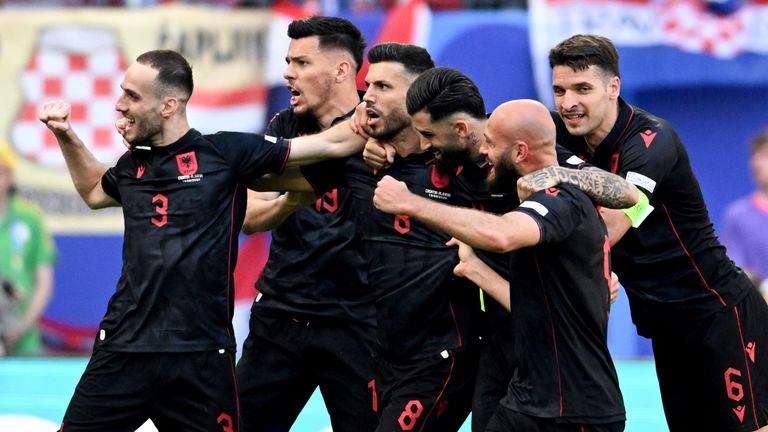 Albania celebrate their late equaliser against Croatia