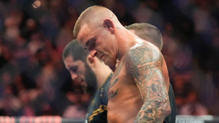 Dustin Poirier reacts after a lightweight title bout defeat against Islam Makhachev at UFC 302 in Newark (AP Photo/Frank Franklin II)