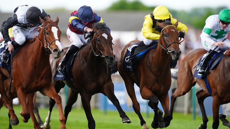Elmalka (yellow) on her way to victory in the 1000 Guineas