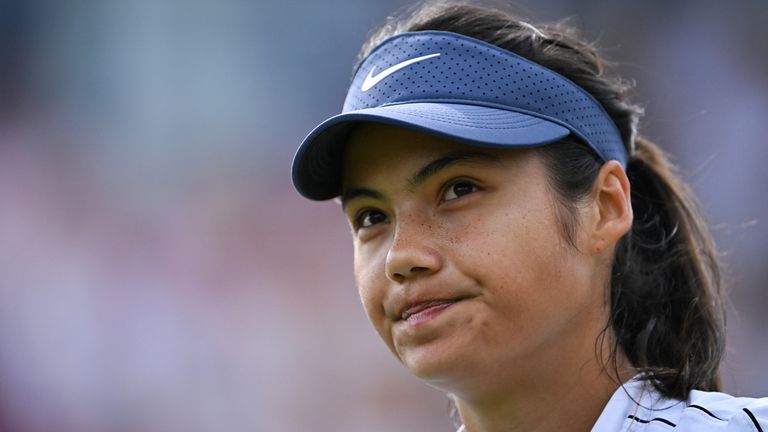 Britain's Emma Raducanu reacts whilst playing against Daria Kasatkina during their women's singles quarter final tennis match at the Rothesay Eastbourne International tennis tournament in Eastbourne, southern England, on June 27, 2024. (Photo by Glyn KIRK / AFP)