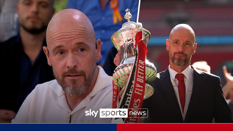 Manchester United&#39;s head coach Erik ten Hag celebrates with the trophy after winning the English FA Cup final soccer match between Manchester City and Manchester United at Wembley Stadium in London, Saturday, May 25, 2024. (AP Photo/Ian Walton)