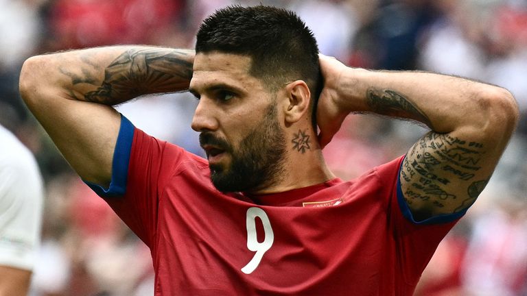 Aleksandar Mitrovic reacts after missing a chance to score against Serbia