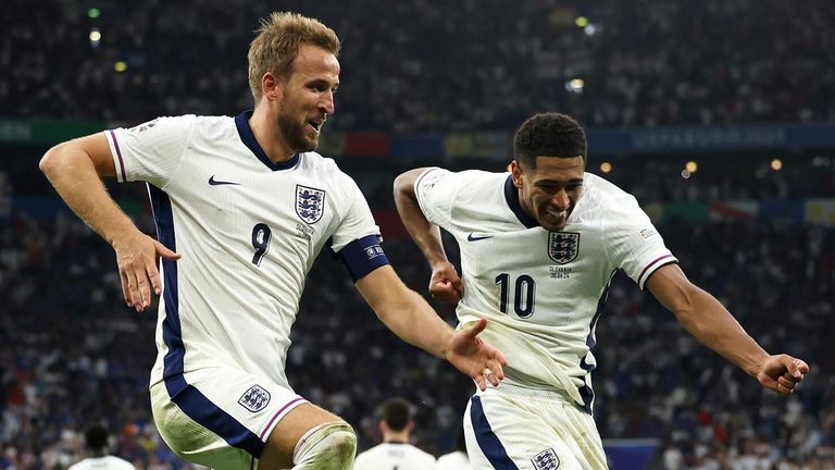 Goalscorers Harry Kane and Jude Bellingham celebrate in Gelsenkirchen