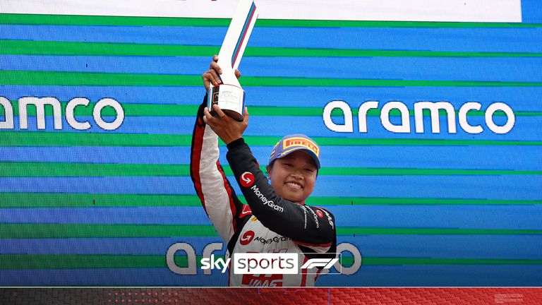 BARCELONA, SPAIN - JUNE 23: Race winner Chloe Chambers of United States and Campos Racing (14) celebrates on the podium after the F1 Academy Round 3 race 2 at Circuit de Barcelona-Catalunya on June 23, 2024 in Barcelona, Spain. (Photo by Chris Graythen/Getty Images)