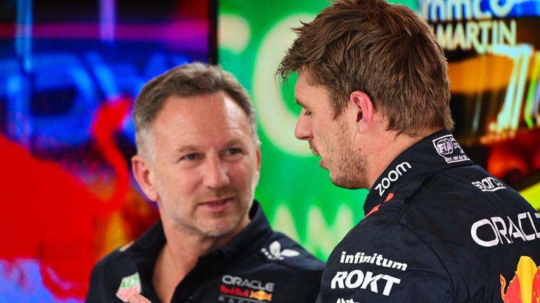 RED BULL RING, AUSTRIA - JUNE 28: Christian Horner, Team Principal, Red Bull Racing, and Max Verstappen, Red Bull Racing during the Austrian GP at Red Bull Ring on Friday June 28, 2024 in Spielberg, Austria. (Photo by Mark Sutton / Sutton Images)