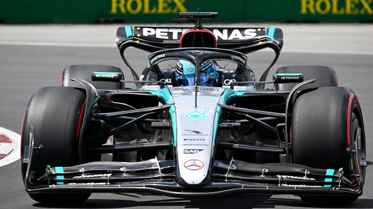 Mercedes driver George Russell of Great Britain steers his car at the hairpin turn during the third practice session, Saturday, June 8, 2024 at the Formula 1 Canadian Grand Prix auto race in Montreal. (Jacques Boissinot /The Canadian Press via AP)