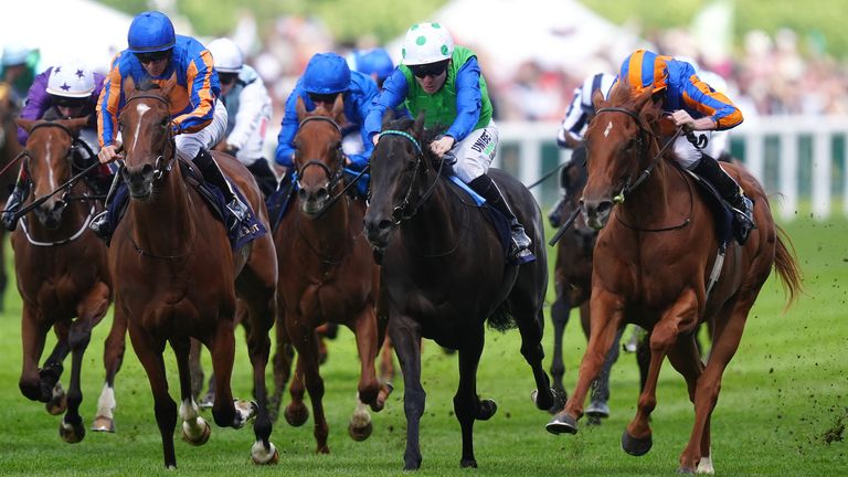 Fairy Godmother ridden by Ryan Moore (right) on their way to winning the Albany Stakes during day four of Royal Ascot 