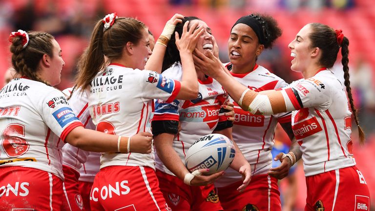 Picture by Richard Blaxall/SWpix.com - 08/06/2024 - Rugby League - Betfred Women's Challenge Cup Final - Leeds Rhinos v St Helens - Wembley Stadium, London, England - St Helens Faye Gaskin celebrates her try against Leeds Rhinos