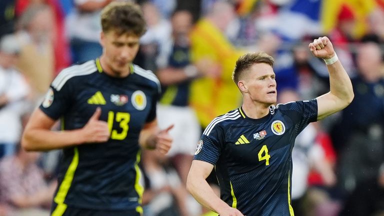 Scotland's Scott McTominay (right) celebrates after scoring the opening goal against Switzerland
