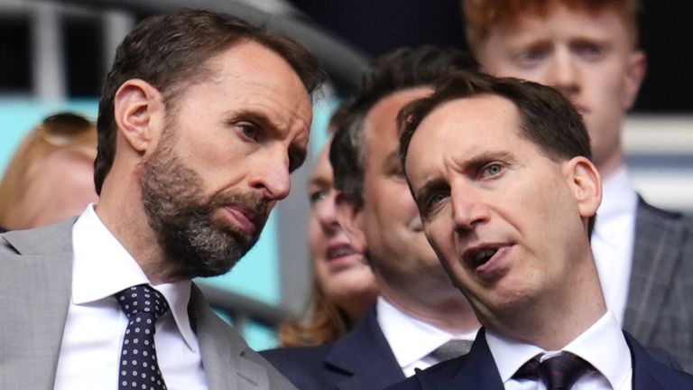 England manager Gareth Southgate and FA chief executive Mark Bullingham (right) can be seen during the Emirates FA Cup final at Wembley Stadium, London.  Drawing date: Saturday 25 May 2024.