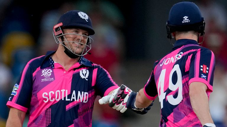Scotland's George Munsey and Michael Jones batting against England at T20 World Cup (Associated Press)