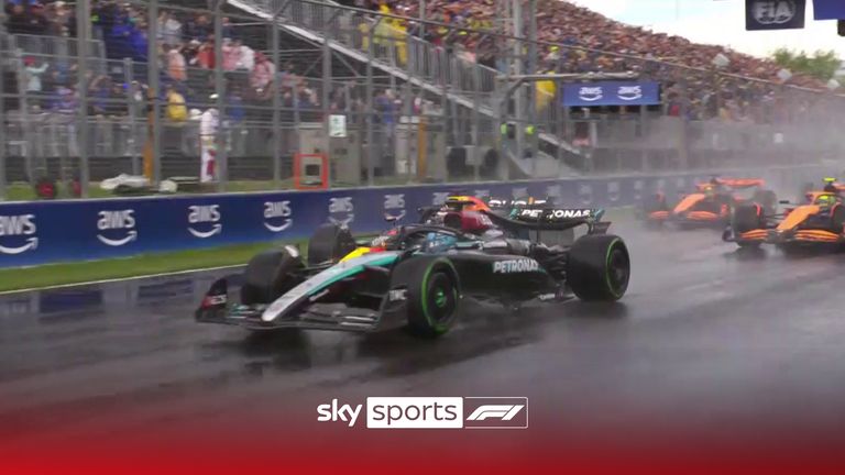 Watch George Russell hold off Max Verstappen on lap one of the Canadian Grand Prix. 