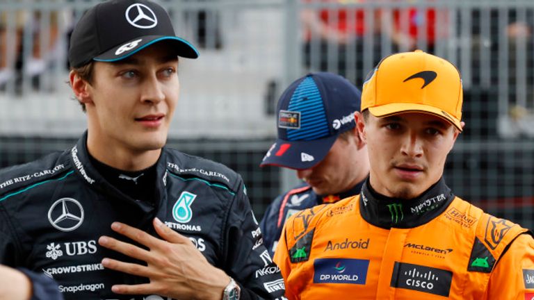 CIRCUIT GILLES-VILLENEUVE, CANADA - JUNE 08: Pole man George Russell, Mercedes-AMG F1 Team, and Lando Norris, McLaren F1 Team, in Parc Ferme during the Canadian GP at Circuit Gilles-Villeneuve on Saturday June 08, 2024 in Montreal, Canada. (Photo by Glenn Dunbar / LAT Images)
