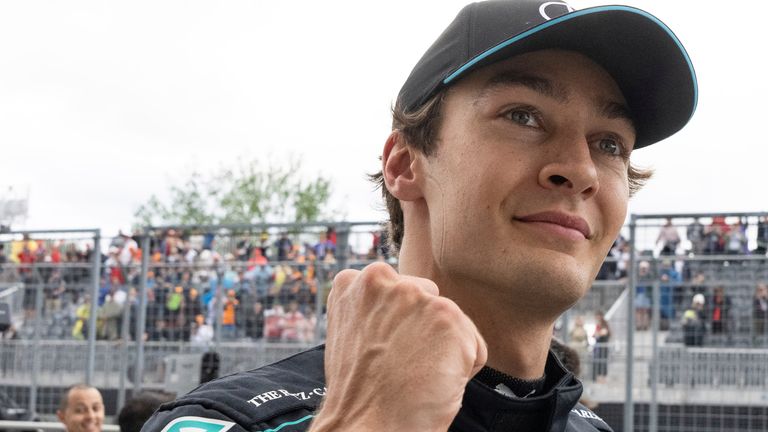 Mercedes driver George Russell, of Britain, celebrates after taking the pole position in the qualifying session for the Formula 1 Canadian Grand Prix auto race Saturday, June 8, 2024, in Montreal. (Christinne Muschi/The Canadian Press via AP)