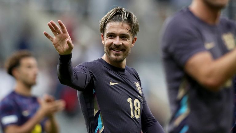 England's Jack Grealish waves at the end of an international friendly soccer match between England and Bosnia and Herzegovina at St. James Park in Newcastle, England, Monday, June 3, 2024. England won 3-0. (AP Photo/Scott Heppell)