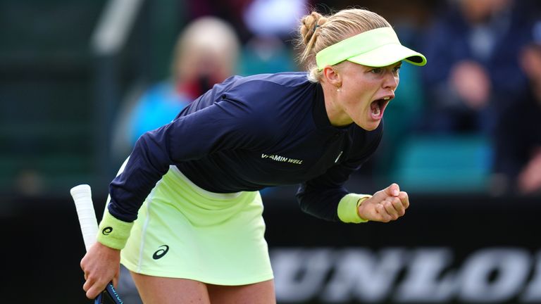 Great Britain's Harriet Dart celebrates winning a point against Katie Boulter (not pictured) in the Women's Singles Round 1 match during day one of the Rothesay Open at Lexus Nottingham Tennis Centre, Nottingham. Picture date: Monday June 10, 2024.