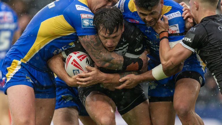 Hull FC's Tom Briscoe against the Leeds Rhinos defence during the Betfred Super League match at the MKM Stadium
