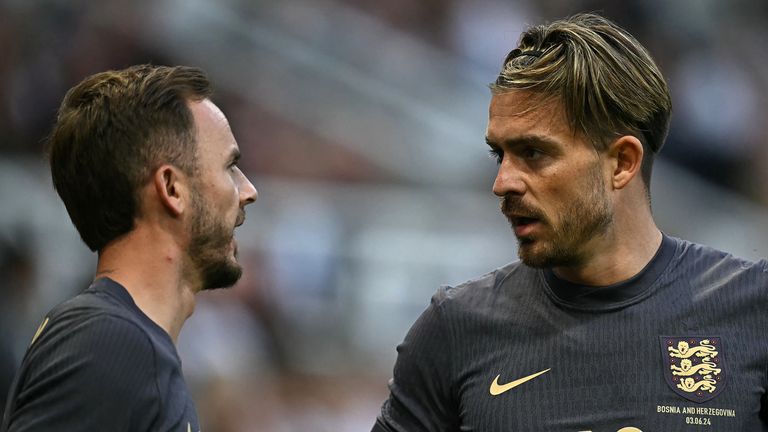 England's midfielder #19 James Maddison (L) and England's midfielder #18 Jack Grealish talk during the International friendly football match between England and Bosnia-Herzegovina at St James' Park in Newcastle-upon-Tyne, north east England on June 3, 2024. (Photo by Paul ELLIS / AFP) / NOT FOR MARKETING OR ADVERTISING USE / RESTRICTED TO EDITORIAL USE