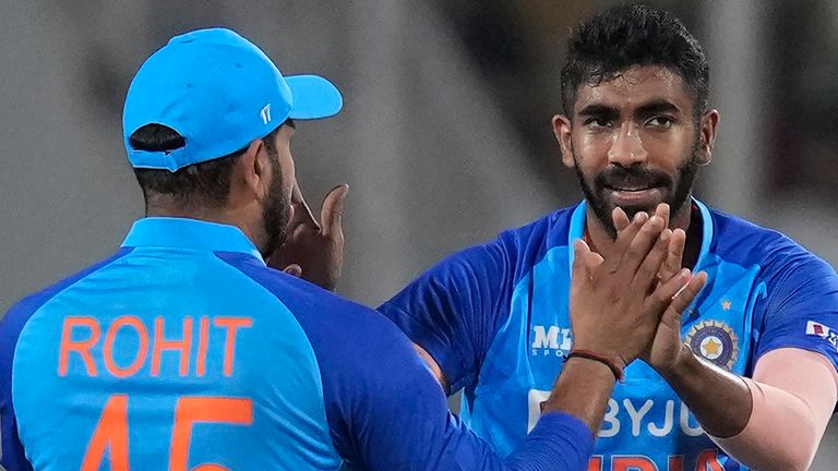 India's Jasprit Bumrah celebrates a wicket with Rohit Sharma (Associated Press)