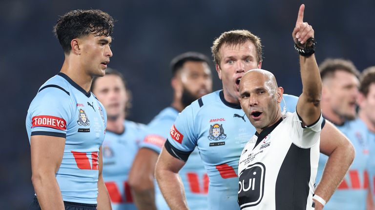 SYDNEY, AUSTRALIA - JUNE 05: Joseph-Aukuso Sua'ali'i of the Blues is sent off by referee Ashley Klein during game one of the 2024 Men's State of Origin Series between New South Wales Blues and Queensland Maroons at Accor Stadium on June 05, 2024 in Sydney, Australia. (Photo by Cameron Spencer/Getty Images)