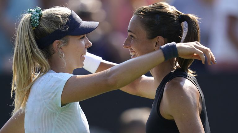  Great Britain's Katie Boulter (left) and Croatia's Petra Martic embrace after their match on day four of the Rothesay International at Devonshire Park, Eastbourne. Picture date: Tuesday June 25, 2024.