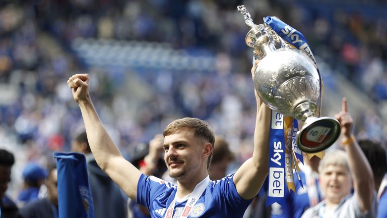 Leicester City's Kiernan Dewsbury-Hall celebrates with the league trophy after the Sky Bet Championship match at the King Power Stadium, Leicester. Picture date: Saturday May 4, 2024.