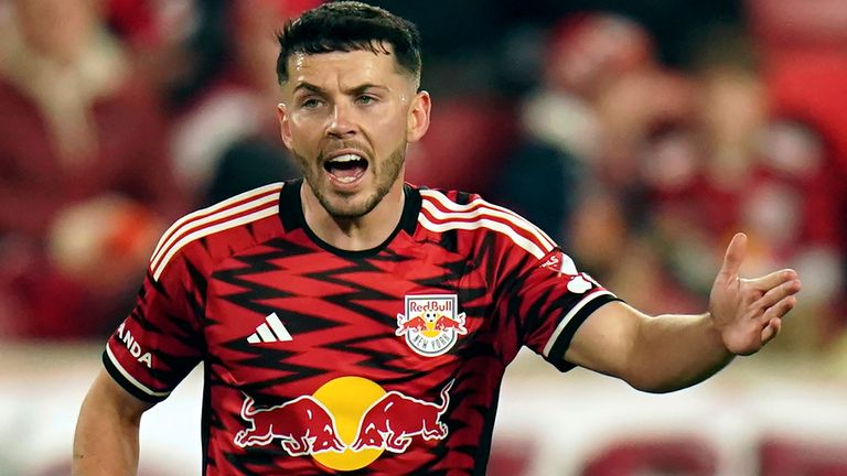 New York Red Bulls midfielder Lewis Morgan (9) during an MLS soccer match against the Chicago Fire, Saturday, April 13, 2024 in Harrison, NJ (AP Photo/Vera Nieuwenhuis)