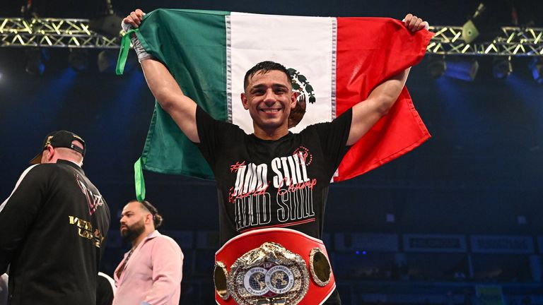 Belfast , United Kingdom - 27 May 2023; Luis Alberto Lopez celebrates defeating Michael Conlan in their IBF Featherweight World Title bout at the SSE Arena in Belfast. (Photo By Ramsey Cardy/Sportsfile via Getty Images)