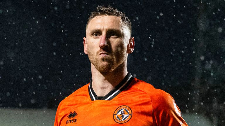 DUNDEE, SCOTLAND - MAY 03: Dundee United's Louis Moult celebrates as he scores to make it 4-1 during a cinch Championship match between Dundee United and Partick Thistle at Tannadice Park, on May 03, 2024, in Dundee, Scotland. (Photo by Paul Devlin / SNS Group)