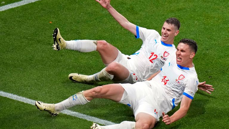 Lukas Provod (right) celebrates his first goal for the Czech Republic against Portugal