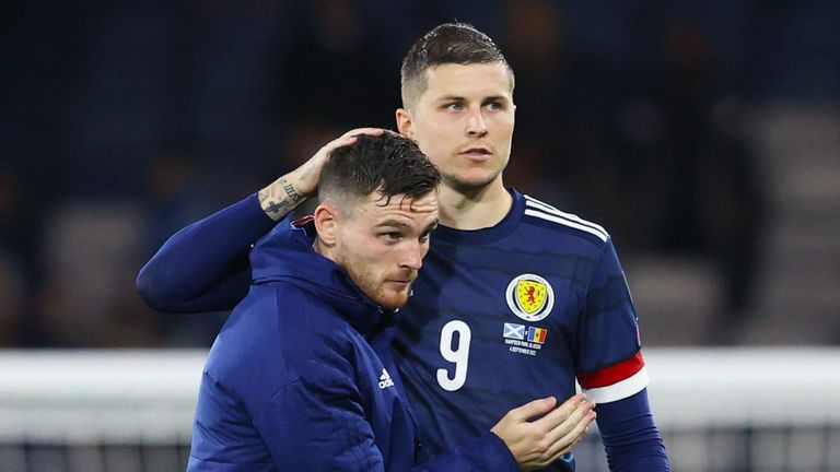 GLASGOW, SCOTLAND - SEPTEMBER 04: Scotland's Andy Robertson (left) and Lyndon Dykes at full time during a World Cup qualifier match between Scotland and Moldova at Hampden Park, on September 04, 2021, in Glasgow, Scotland (Photo by Alan Harvey / SNS Group)