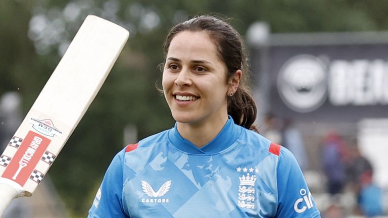 Maia Bouchier celebrates bringing up her first career hundred as England clinch victory over New Zealand in Worcester