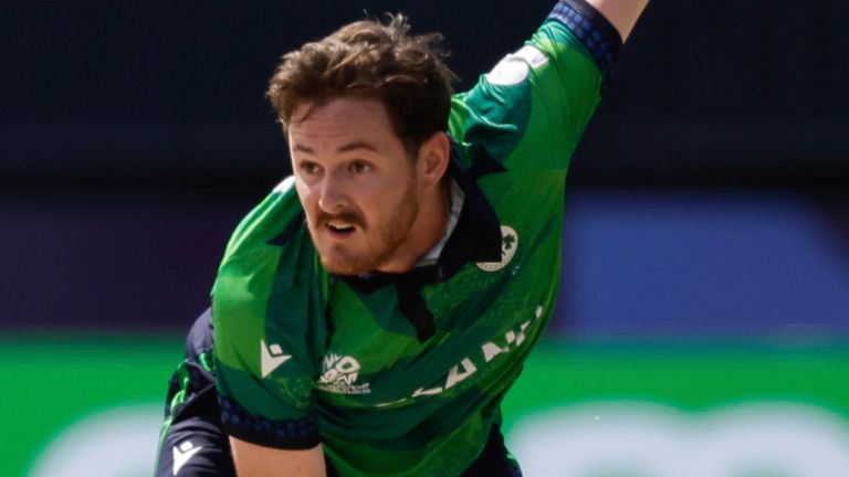 Ireland's Mark Adair against Canada in the T20 World Cup (Associated Press)