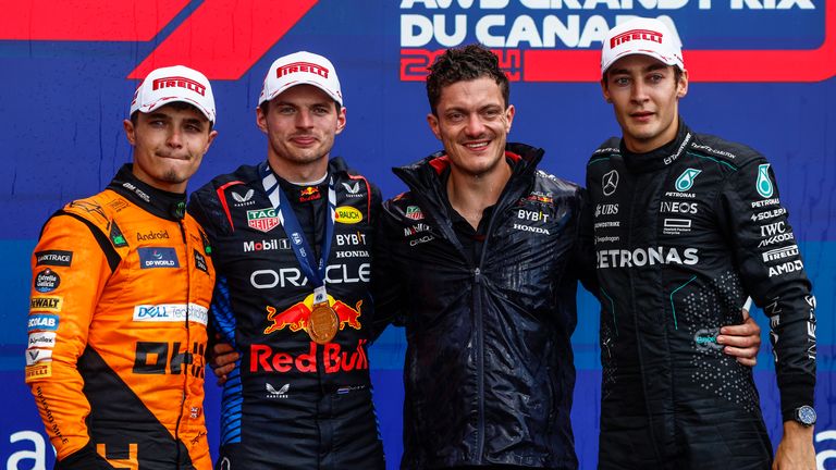 Max Verstappen celebrates his Canadian Grand Prix win alongside Lando Norris and George Russell