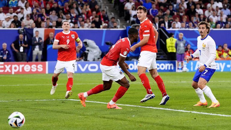 Austria's Max Wober scores an own goal during the UEFA Euro 2024 Group D match at the Dusseldorf Arena in Dusseldorf, Germany. Picture date: Monday June 17, 2024.