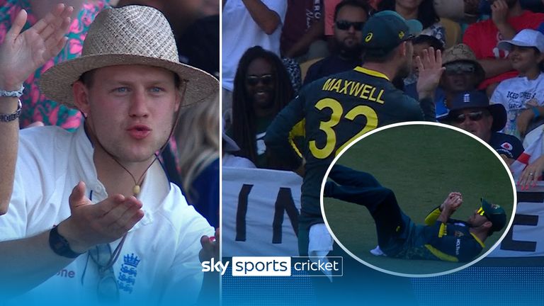 Glenn Maxwell turns to the England fans after he caught out Jonny Bairstow to give them some light-hearted banter back after getting some friendly stick. 