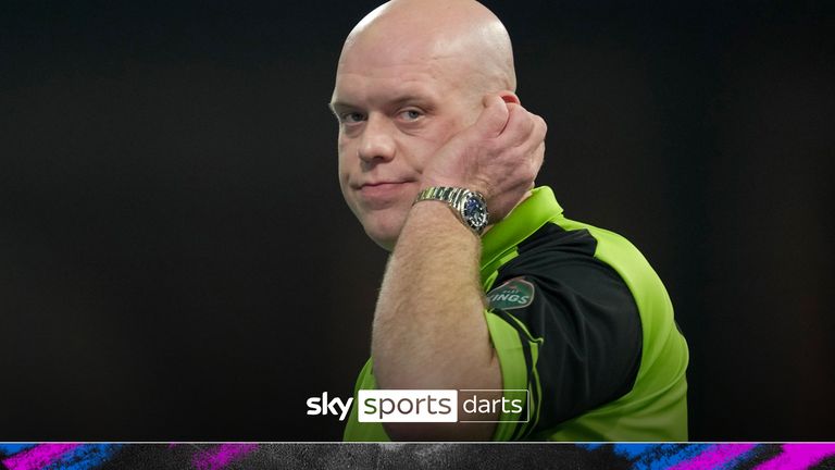 Michael van Gerwen of Netherlands reacts during the quarterfinal match against Scott Williams of England at the World Darts Championship, in London, Monday, Jan. 1, 2024. (AP Photo/Kin Cheung)


