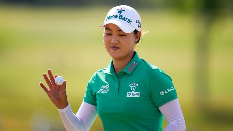 Minjee Lee, of..Australia, reacts after finishing the 15th hole during the third round of the U.S. Women's Open golf tournament at Lancaster Country Club, Saturday, June 1, 2024, in Lancaster, Pa. (AP Photo/Matt Slocum)