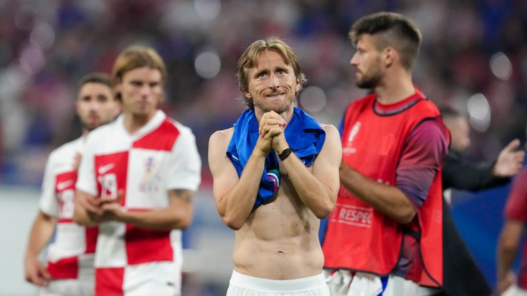 Croatia's Luka Modric reacts at the end of the Group B match between Croatia and Italy at the Euro 2024 soccer tournament in Leipzig, Germany, Monday, June 24, 2024. (AP Photo/Sunday Alamba)