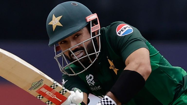 Pakistan's Mohammad Rizwan plays a shot during the ICC Men's T20 World Cup cricket match between Pakistan and Canada in New York (AP Photo/Adam Hunger)