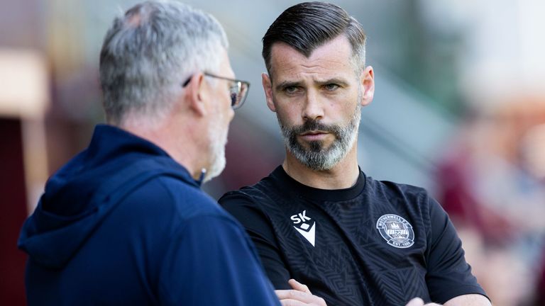 MOTHERWELL, SCOTLAND - MAY 19: Motherwell manager Stuart Kettlewell (R) and St Johnstone manager Craig Levein before a cinch Premiership match between Motherwell and St Johnstone at Fir Park, on May 19, 2024, in Motherwell, Scotland.  (Photo by Craig Foy / SNS Group)